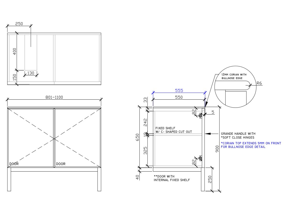 ISSY Adorn Undermount Vanity Unit with Legs Two Doors & Internal Shelves with Grande Handle 801-1100mm x 550mm x 900mm OFFSET LEFT (OPENS BOTH SIDES)