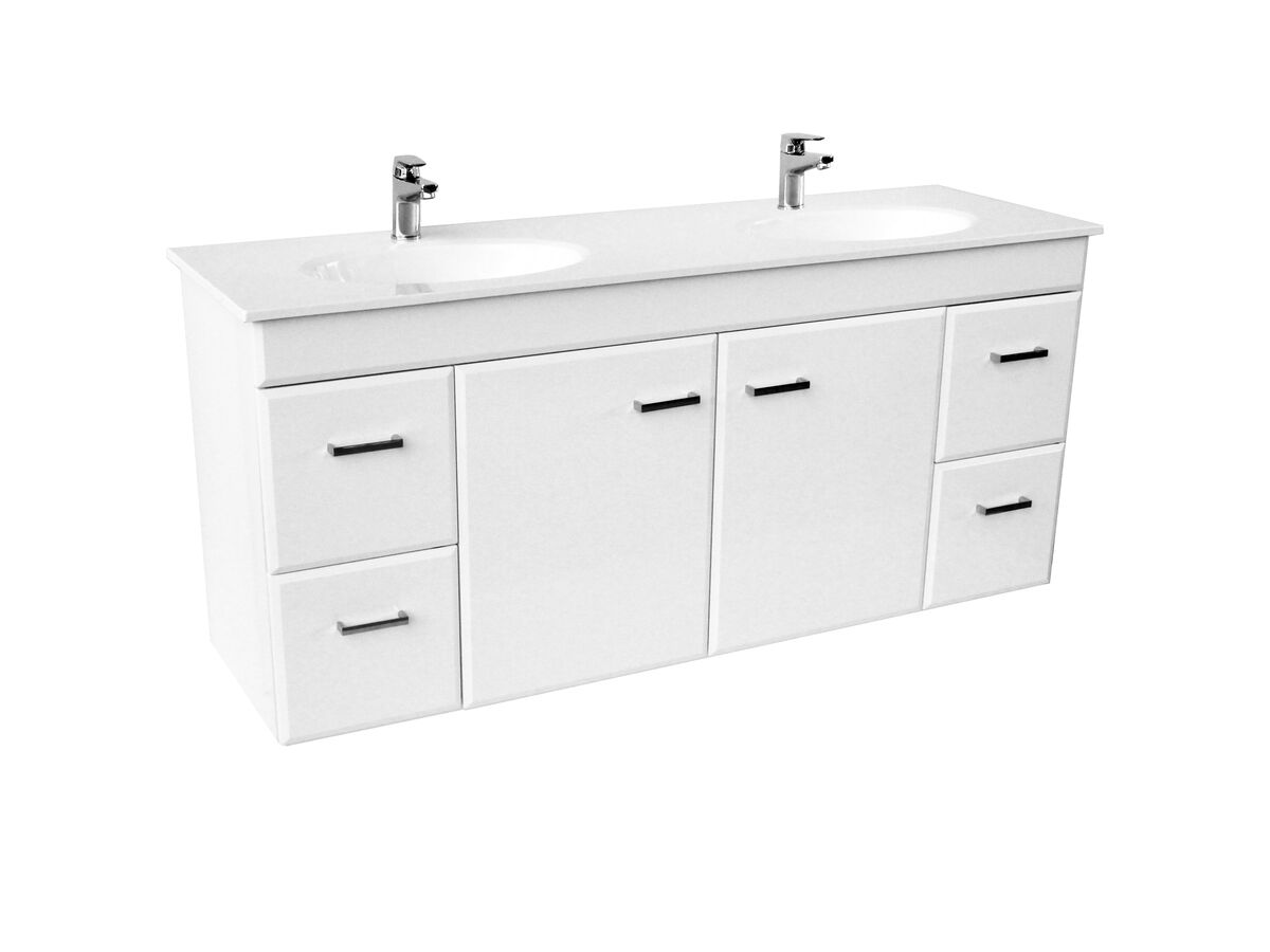 Posh Bristol Double Bowl Wall Hung Vanity Unit 2 Door 4 Drawer 1500mm White