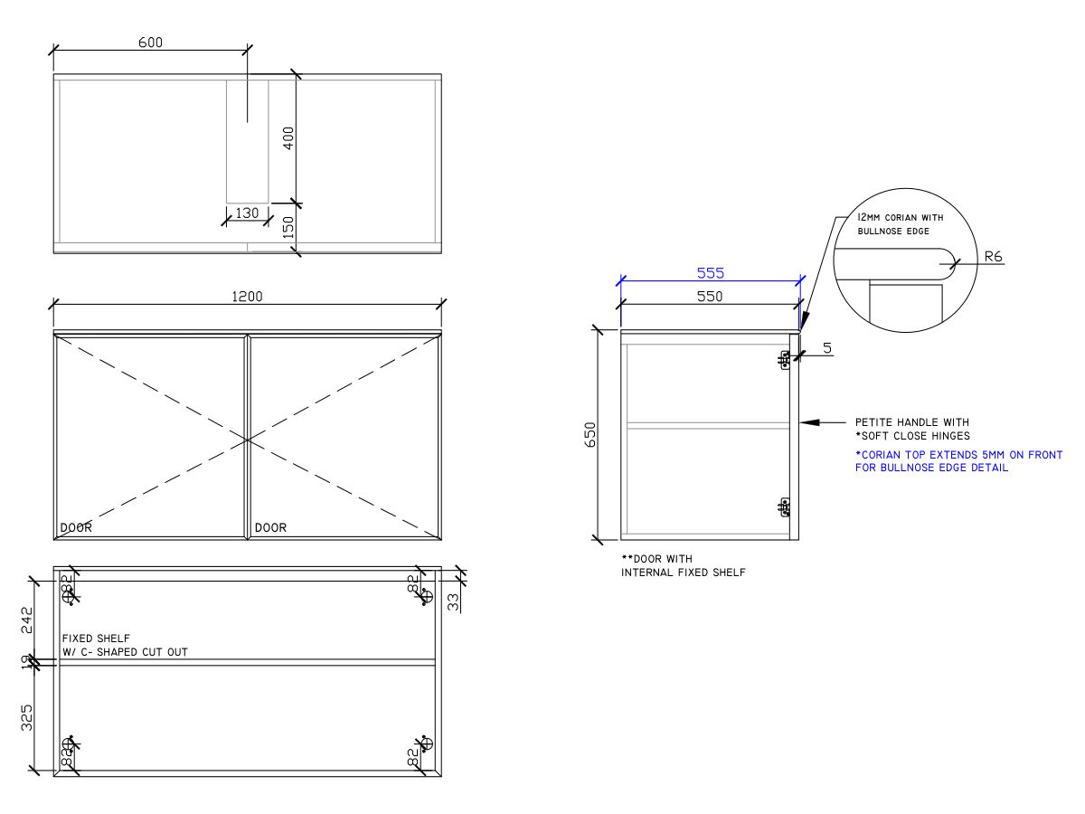 ISSY Adorn Undermount Wall Hung Vanity Unit with Two Doors & Internal Shelf with Petite Handle 1200mm x 550mm x 650mm CENTERED (OPENS BOTH SIDES)