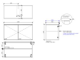 Technical Drawing - ISSY Adorn Undermount Wall Hung Vanity Unit with Two Doors & Internal Shelf with Petite Handle 1200mm x 550mm x 650mm CENTERED (OPENS BOTH SIDES)