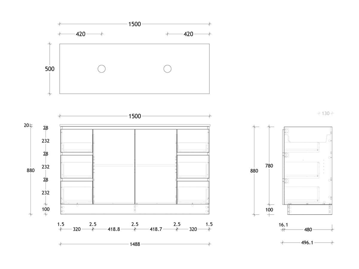 Posh Domaine 1500mm Floor Mount Vanity Unit Conventional Double Bowl Friday Top (no basin)