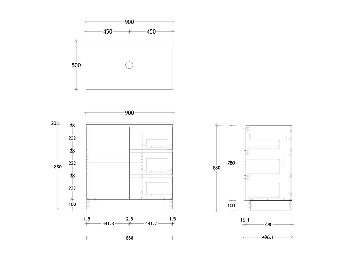 Posh Domaine 900mm Floor Mount Vanity Unit Conventional Friday Top (no basin)