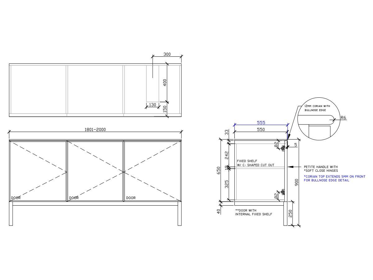 ISSY Adorn Undermount Vanity Unit with Legs Three Doors & Internal Shelves with Petite Handle 1801-2000mm x 550mm x 900mm OFFSET RIGHT (CENTRE LEFT)