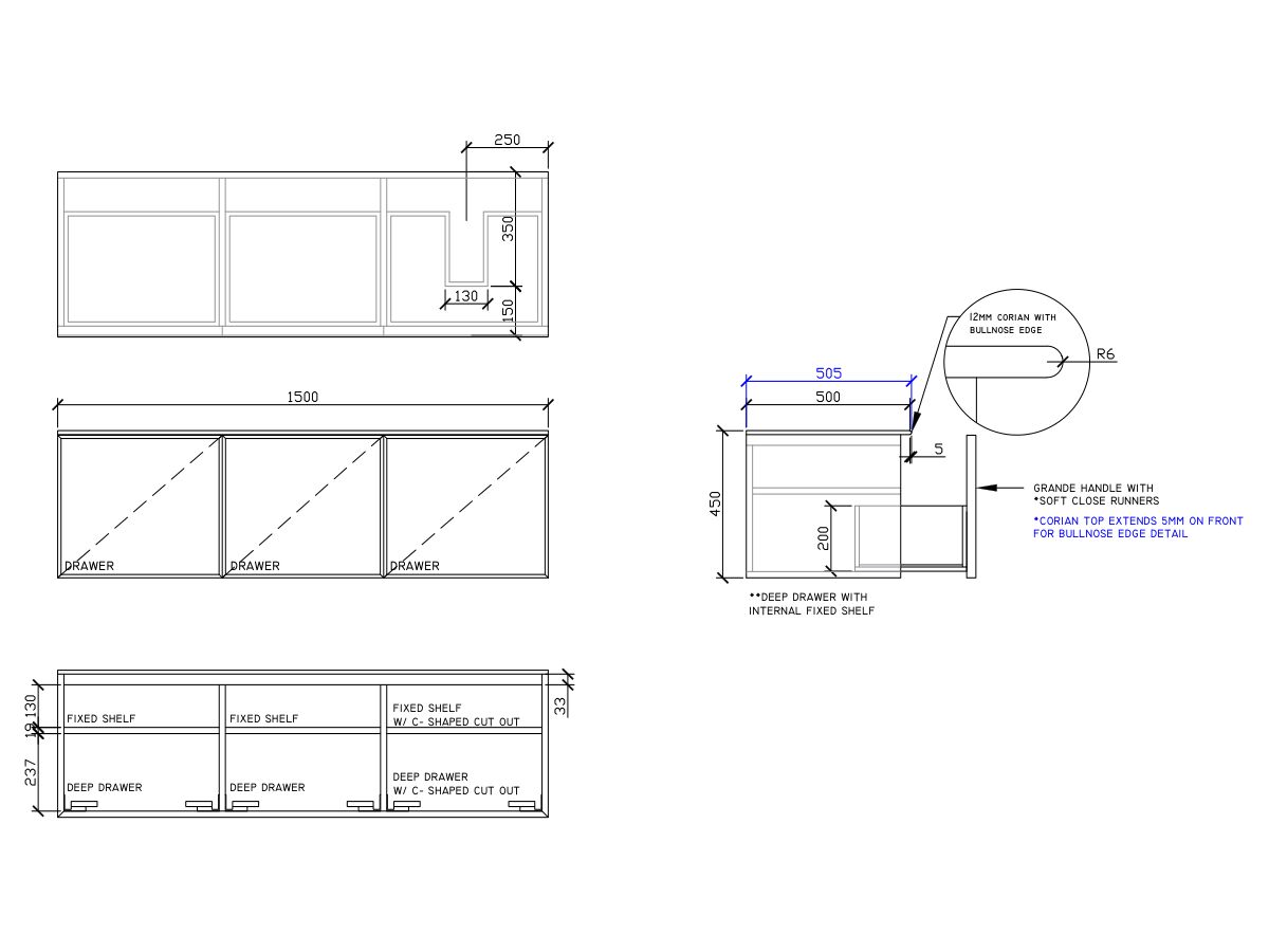 ISSY Adorn Above Counter / Semi Inset Wall Hung Vanity Unit with Three Drawers & Internal Shelves with Grande Handle 1500mm x 500mm x 450mm OFFSET RIGHT