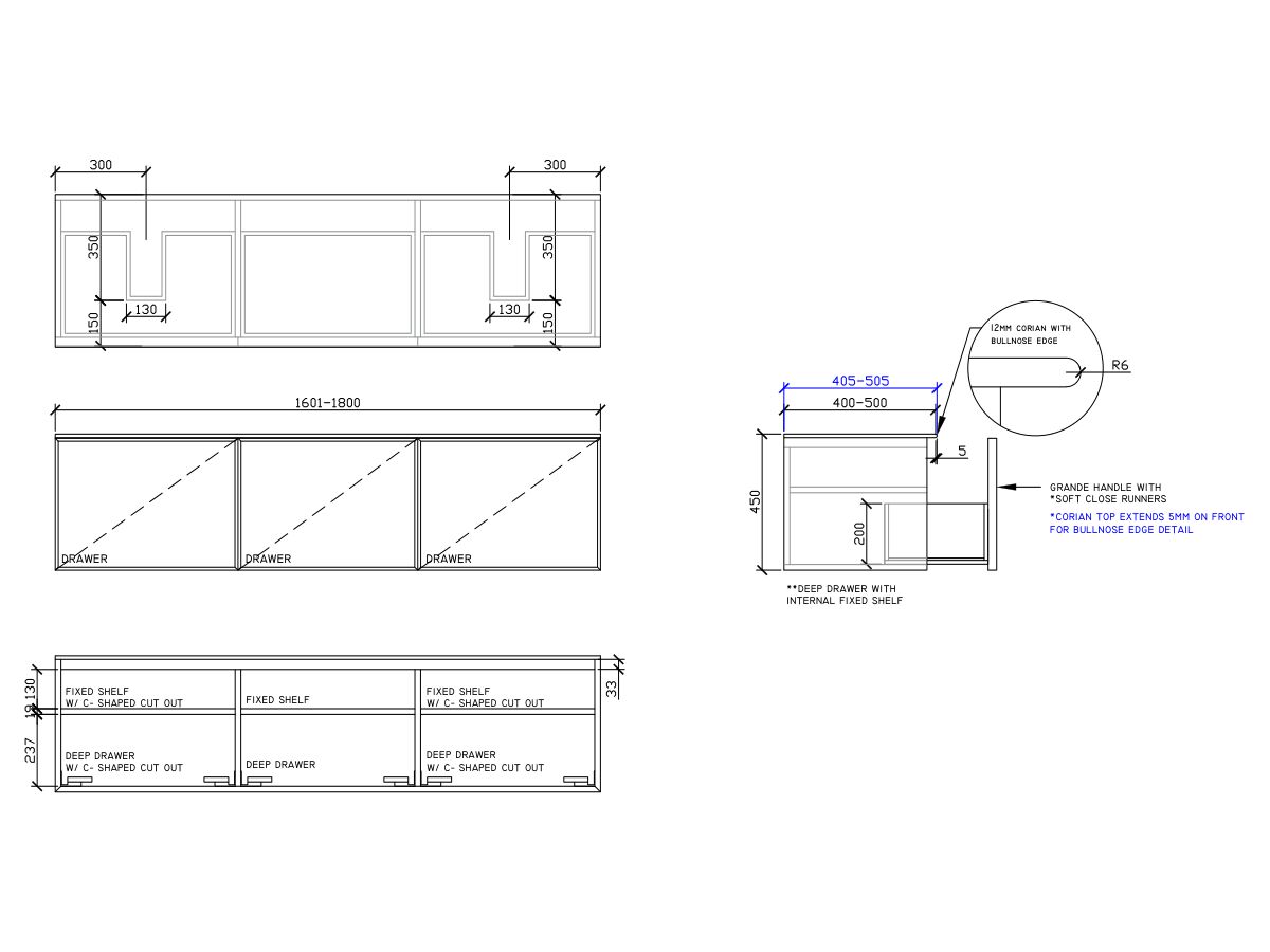 ISSY Adorn Above Counter / Semi Inset Wall Hung Vanity Unit with Three Drawers & Internal Shelves with Grande Handle 1601-1800mm x 400-500mm x 450mm DOUBLE