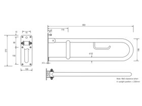 RBA Drop Down Grab Rail with Toilet Roll Holder 850mm Stainless Steel