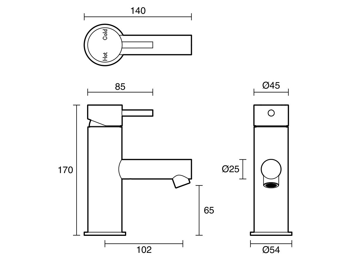 Technical Drawing - Scala Basin Mixer Tap 316 Stainless Steel