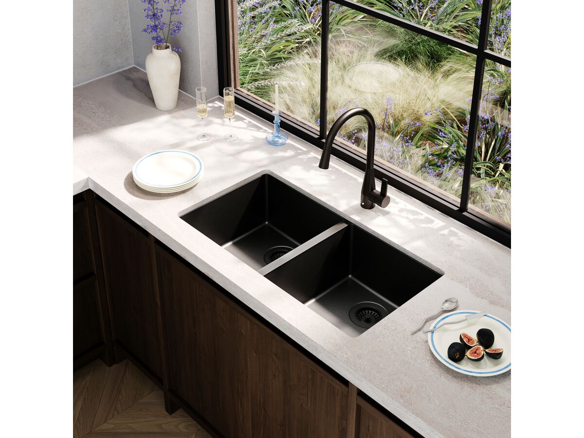 Memo Freya Double Bowl Sink No Taphole Granite Black