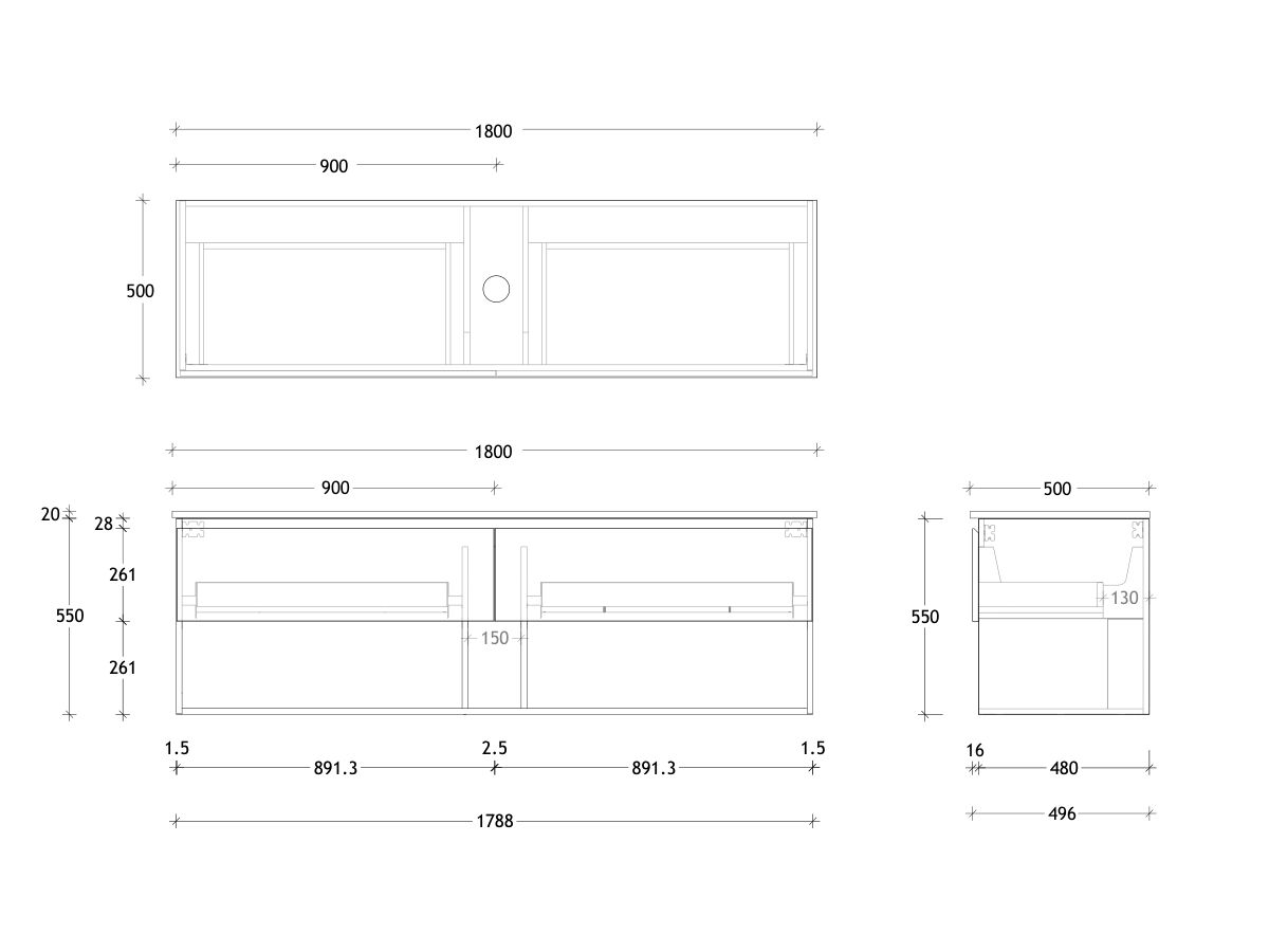 Technical Drawing - Posh Domaine All Drawer with Shelf 1800mm Wall Hung Vanity Centre Basin 20mm Top