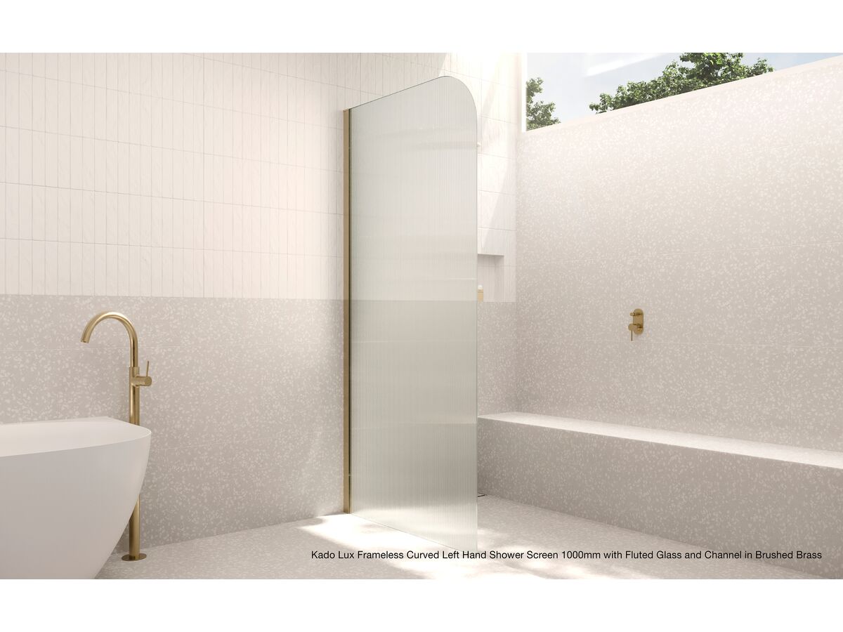 In Situ - Kado Lux Frameless Curved Left Hand Shower Screen 1000mm with Fluted Glass and Channel in Brushed Brass