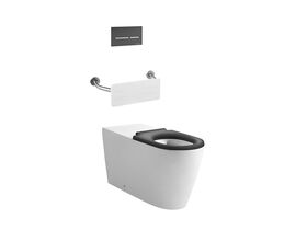 Wolfen 800 Back to Wall Rimless Inwall Toilet Suite with Single Flap Seat Grey, Backrest, Raised Height Button & Plate Grey, Hideaway+ Inwall Cistern (4 Star)