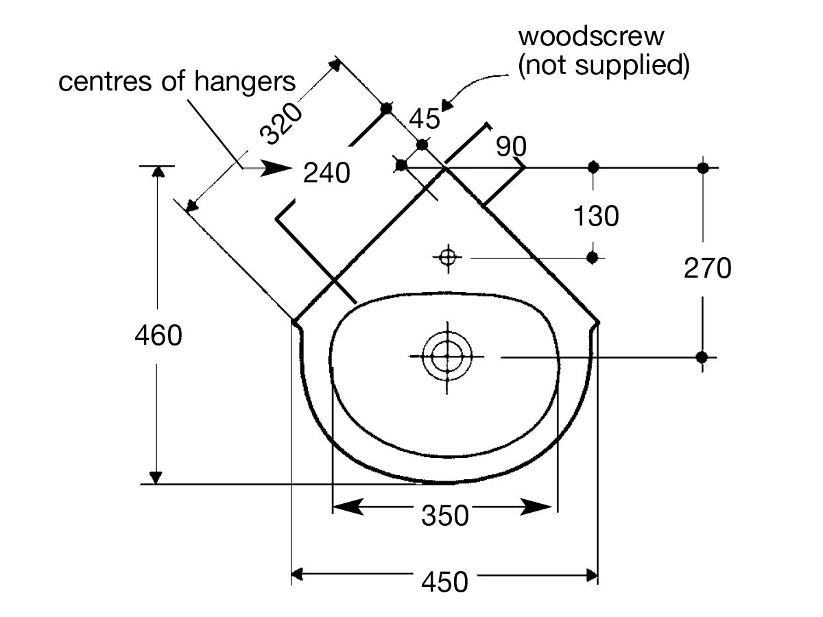 Porcher Studio Wall Basin 450mm W/Fix 1 Taphole White