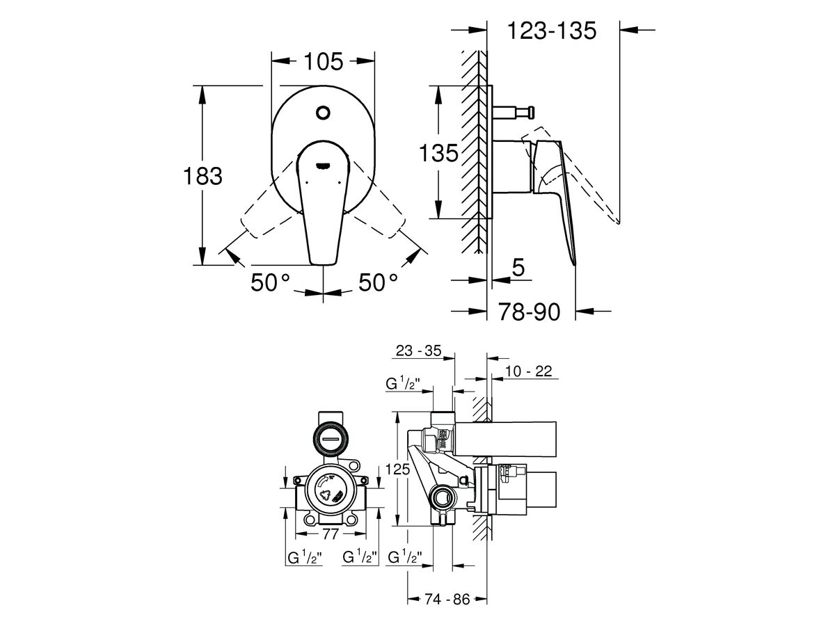 GROHE Bauedge New Shower Mixer / Diverter Kit Chrome from Reece