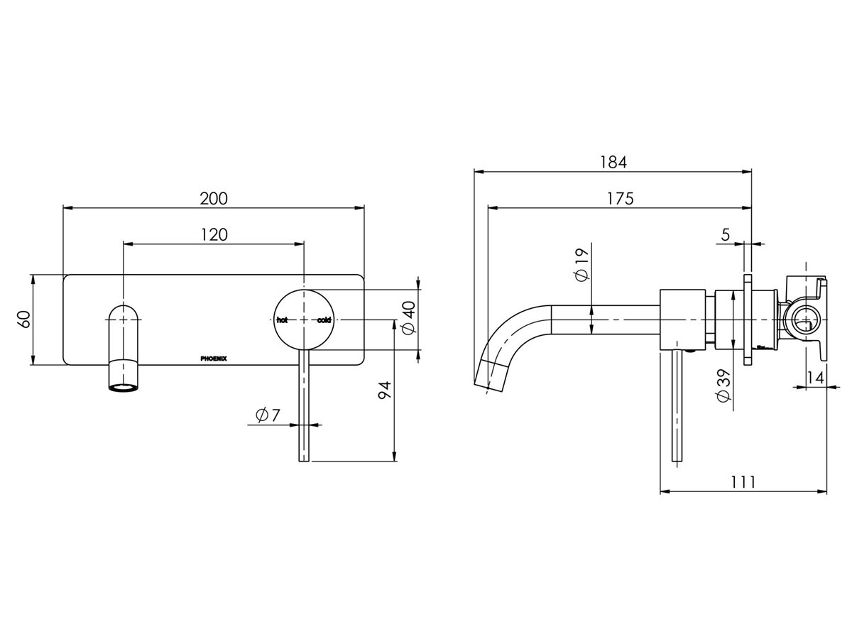 Phoenix Vivid Slimline Wall Basin Mixer Set Curved 180mm Brushed Nickel (6 Star)