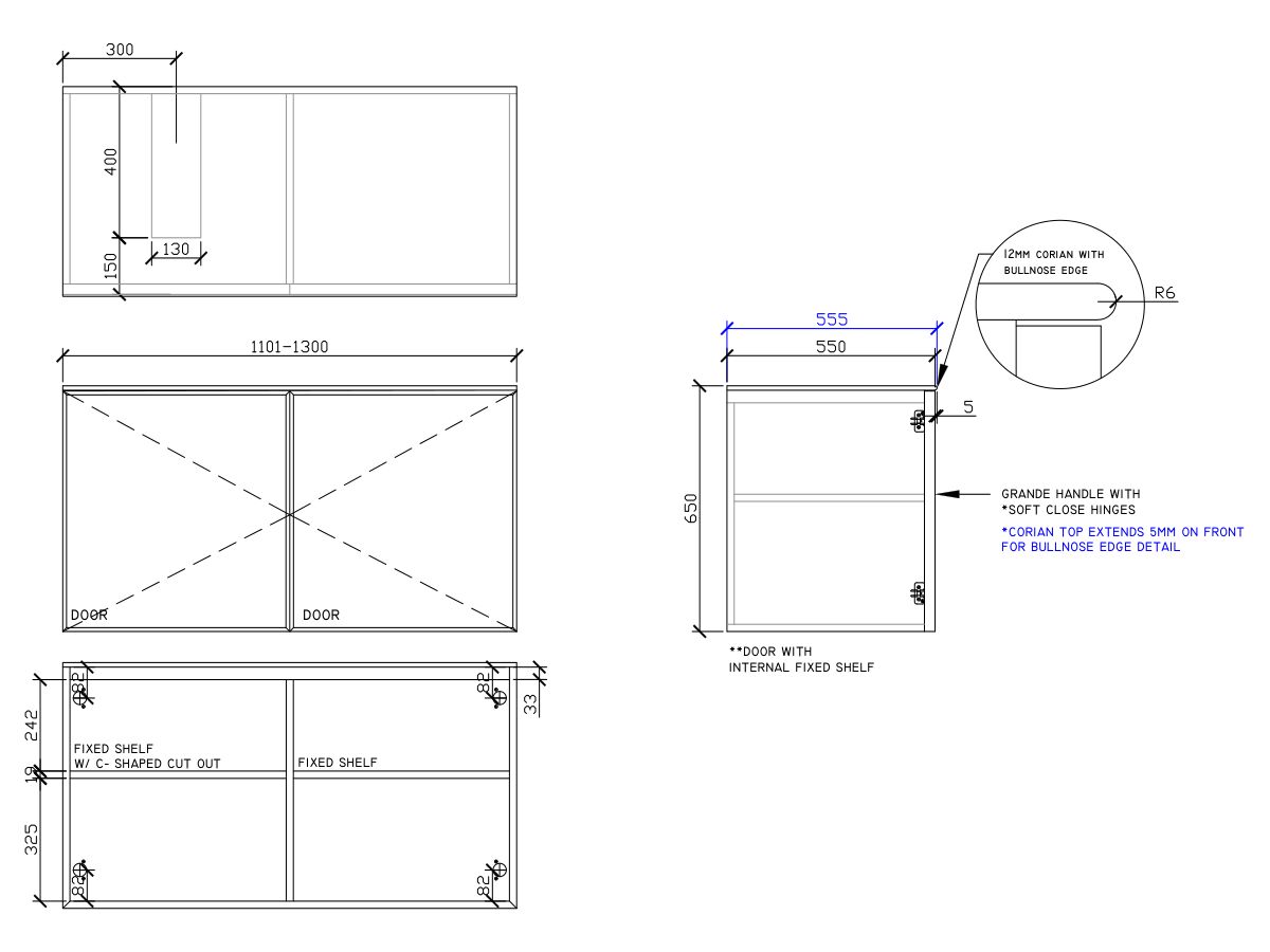 ISSY Adorn Undermount Wall Hung Vanity Unit with Two Doors & Internal Shelf with Grande Handle 1101-1300mm x 550mm x 650mm OFFSET LEFT (OPENS BOTH SIDES)