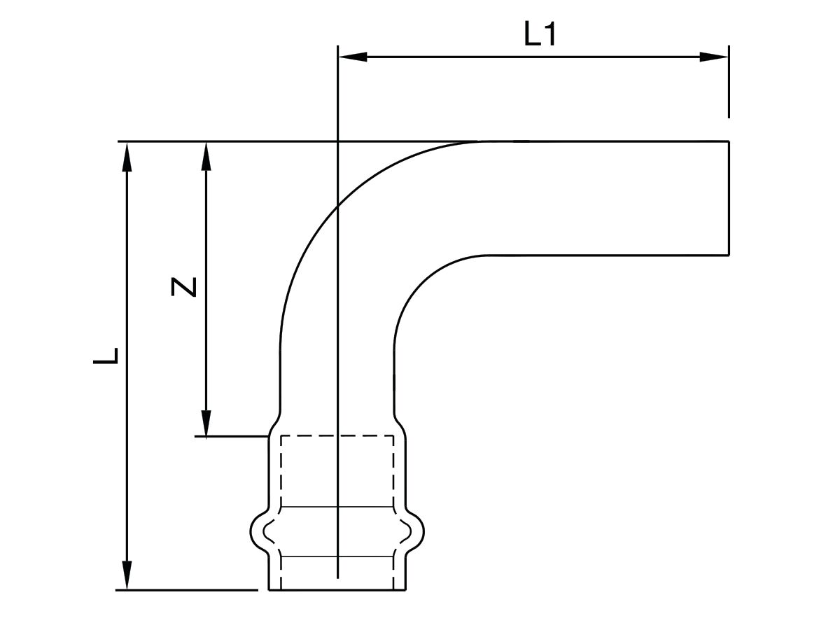 Technical Drawing  - >B< Press Stainless Steel Elbow Plain End 90 Degree