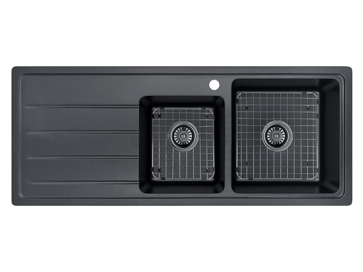 Memo Hugo 1 & 3/4 Bowl Sink with Grids 1 Taphole Right Hand Bowl with Drainer Granite Black