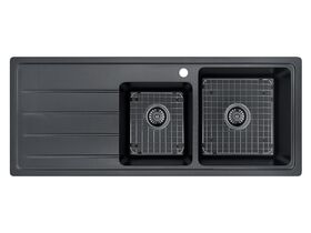 Memo Hugo 1 & 3/4 Bowl Sink with Grids 1 Taphole Right Hand Bowl with Drainer Granite Black