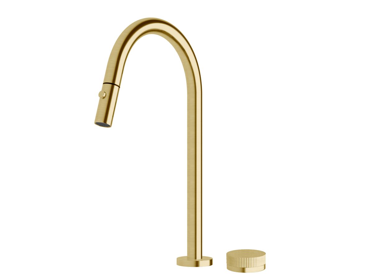 Milli Pure Progressive Sink Mixer Tap Set with Pull Out Spray and Linear Textured Handle PVD Brushed Gold (4 Star)