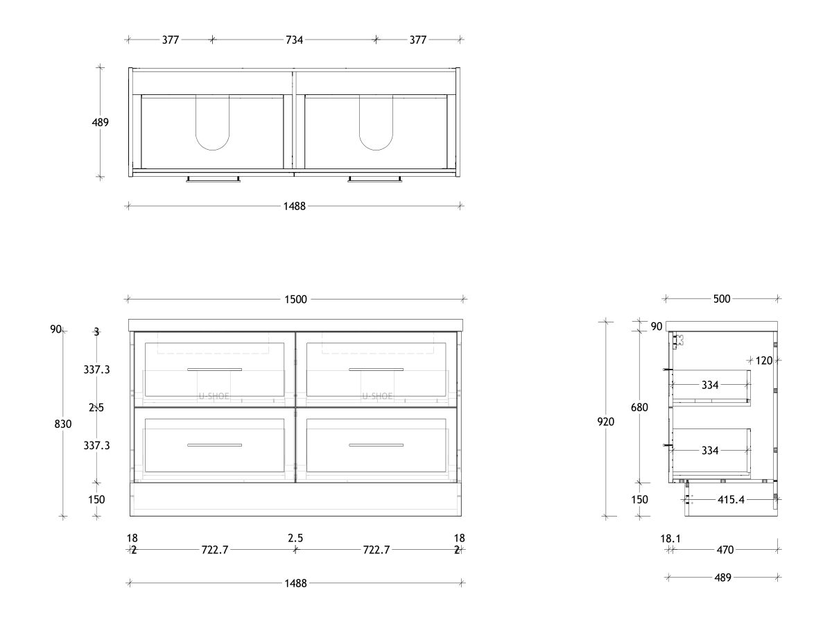 Kado Lux Drawer Vanity Unit Floor Mount 1500 Double Bowl Statement Top 4 Drawers (No Basin)