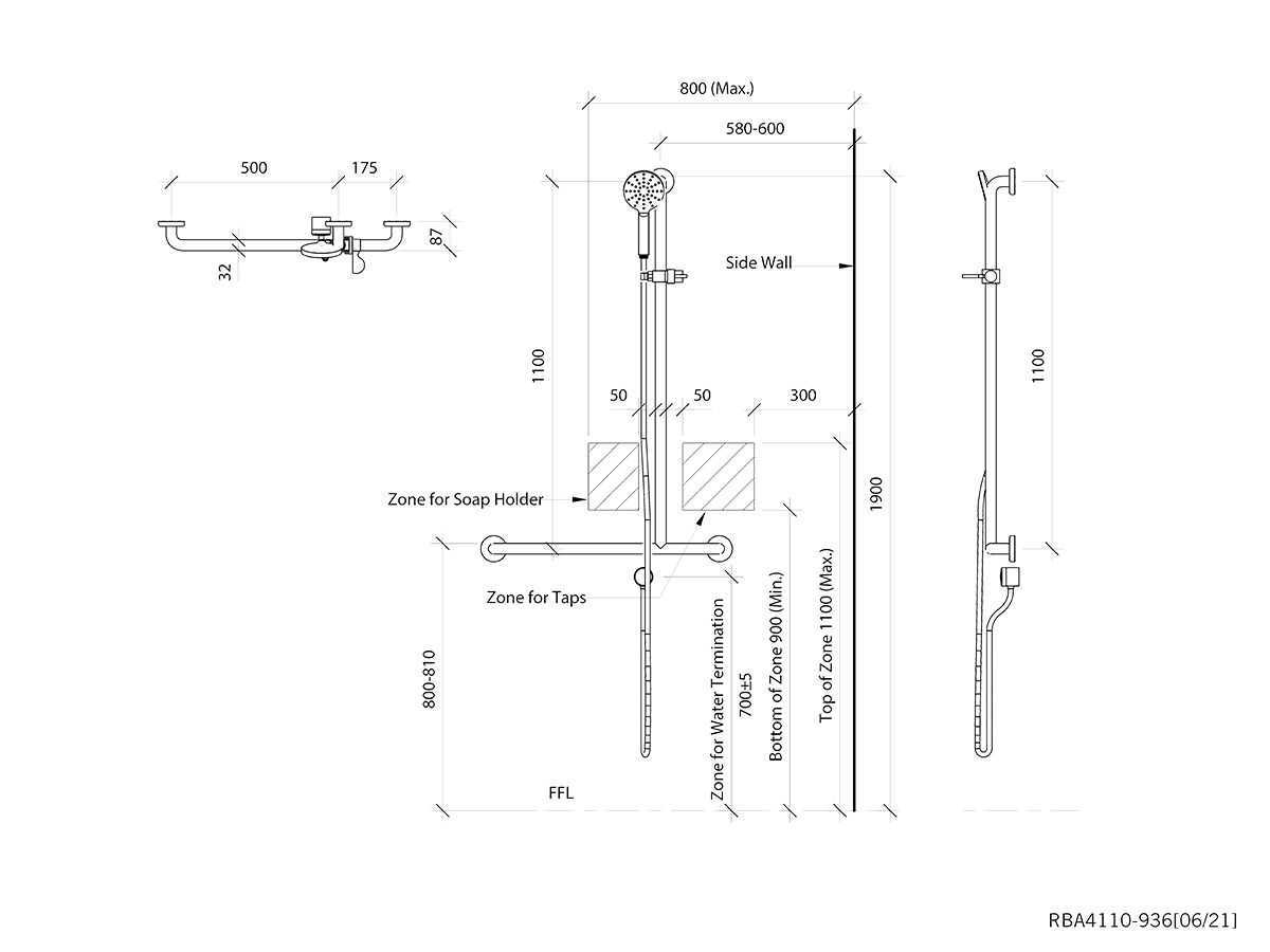 Shower T-Rail Slider Handshower Set with 2 Meter Hose Right Hand (4 Star)