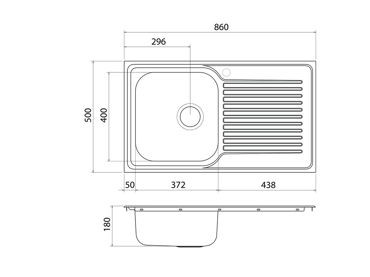 Clark Punch PU1203 Single End Bowl Sink Reversable No Taphole 860mm Stainless Steel