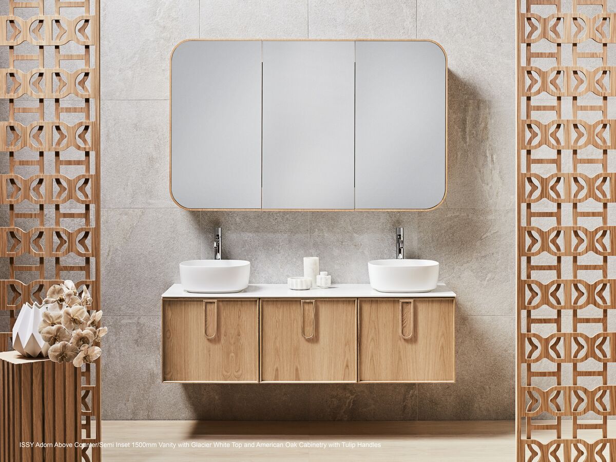 Adorn 2 vanity with Carrara Tulip handle and Cloud shaving cabinet landscape top view - American Oak