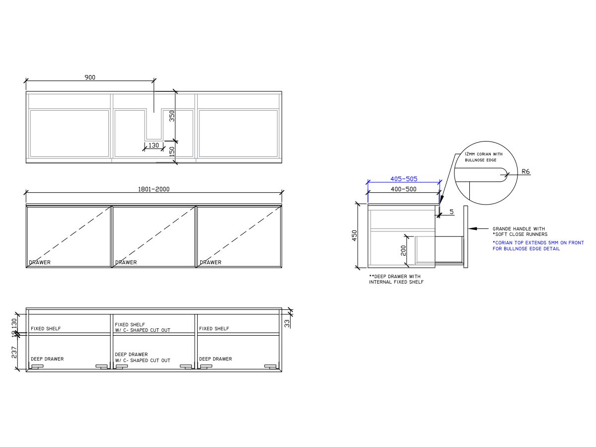 ISSY Adorn Above Counter / Semi Inset Wall Hung Vanity Unit with Three Drawers & Internal Shelves with Grande Handle 1801-2000mm x 400-500mm x 450mm CENTERED