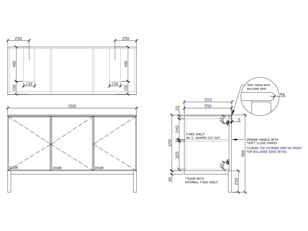 ISSY Adorn Undermount Vanity Unit with Legs Three Doors & Internal Shelves with Grande Handle 1500mm x 550mm x 900mm DOUBLE BASIN (CENTRE RIGHT)