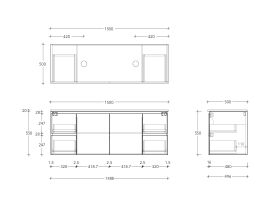 Technical Drawing - Posh Domaine Conventional 1500mm Wall Hung Vanity Double Basin 20mm Top
