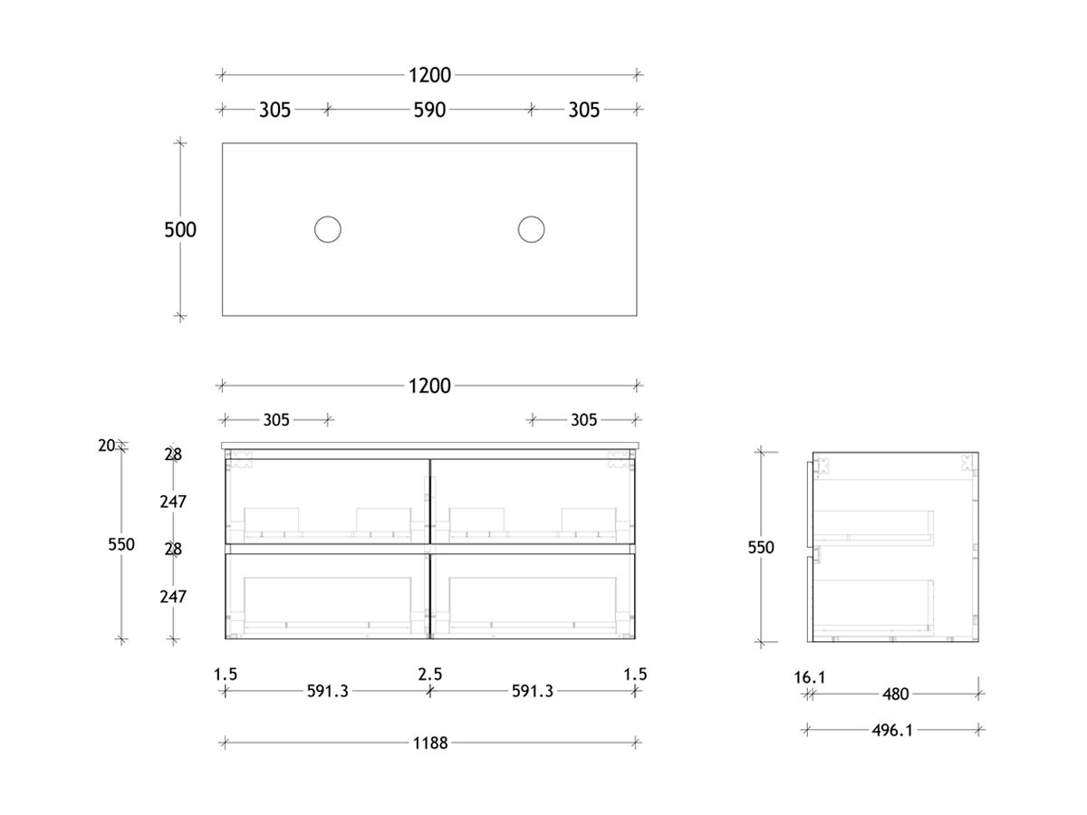 Posh Domaine 1200mm Wall Hung Twin Vanity Unit All-Drawer Double Bowl Friday Top (No Basin)