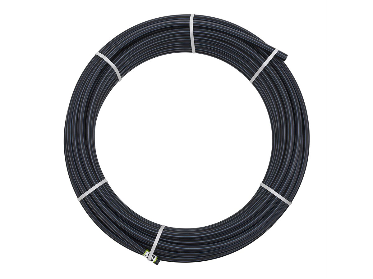 PE Pipe Blue Stripe PN12.5 PE100 25mm x 50mtr from Reece