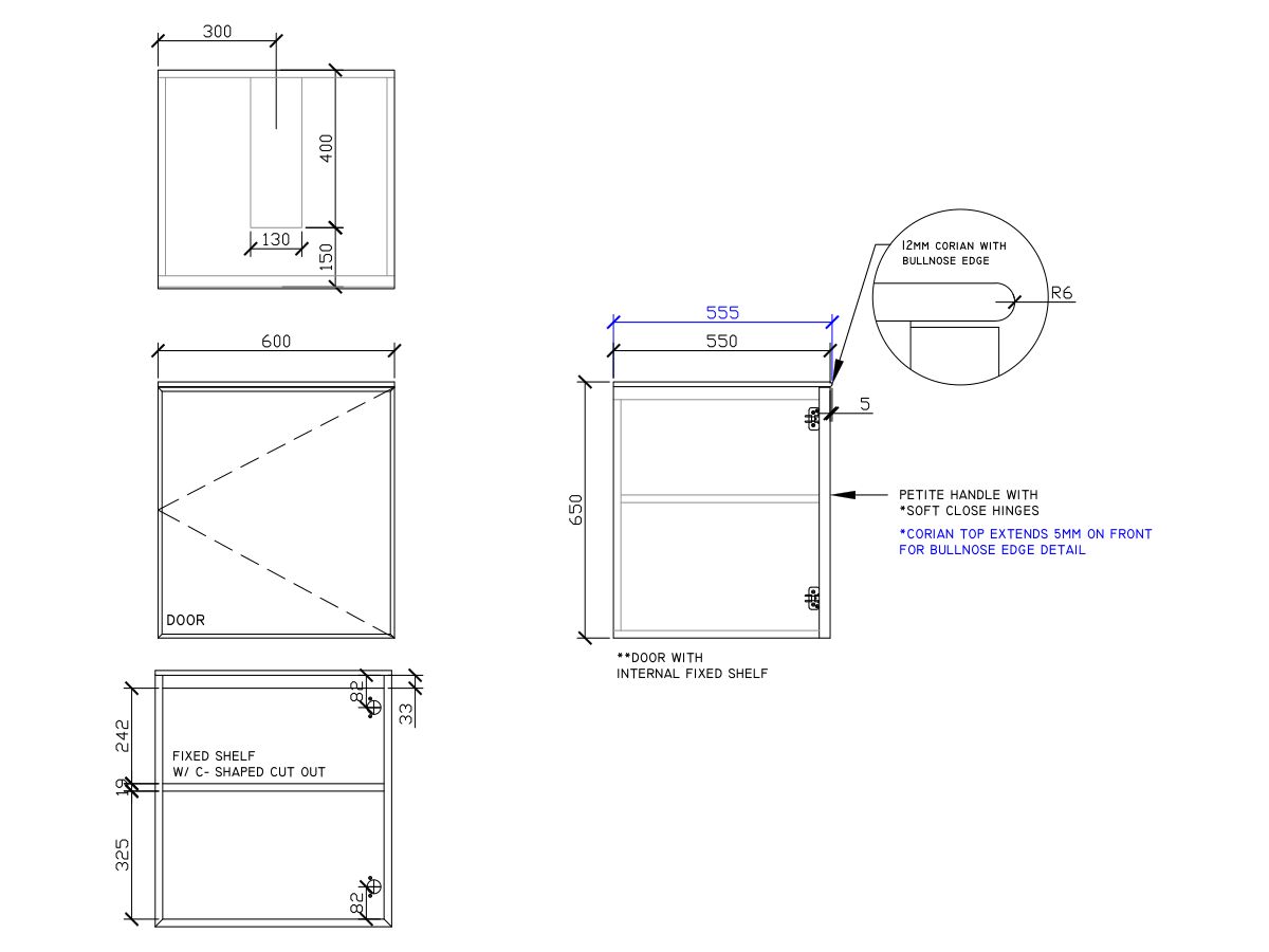 ISSY Adorn Undermount Wall Hung Vanity Unit with One Door & Internal Shelf with Petite Handle 600mm x 550mm x 650mm CENTER (RIGHT)