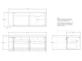 Technical Drawing - Kado Era 50mm Durasein Statement Top Single Curve All Drawer 1350mm Wall Hung Vanity with Right Hand Basin