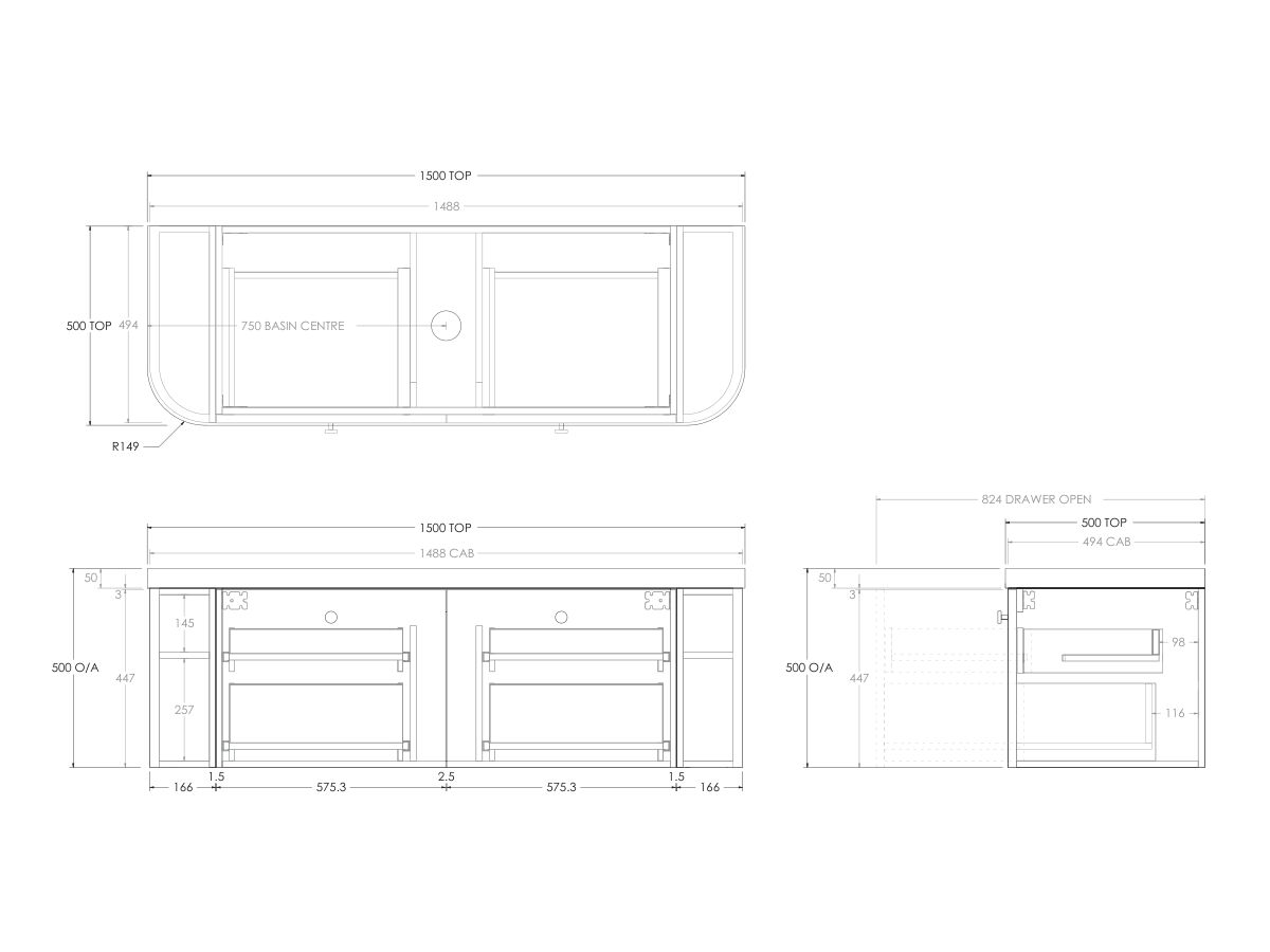 Kado Era 50mm Durasein Statement Top Double Curve All Drawer 1500mm Wall Hung Vanity with Center Basin