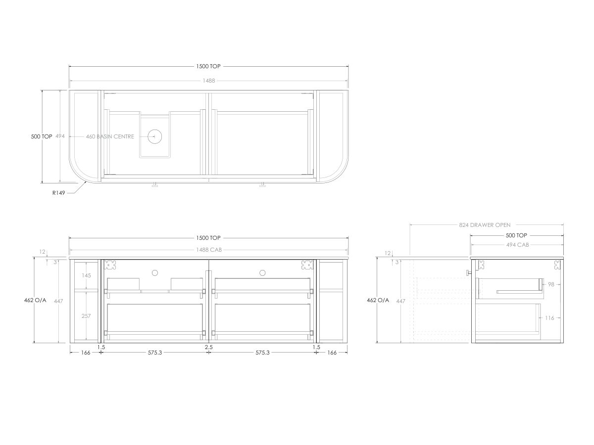 Kado Era 12mm Durasein Top Double Curve All Drawer 1500mm Wall Hung Vanity with Left Hand Basin