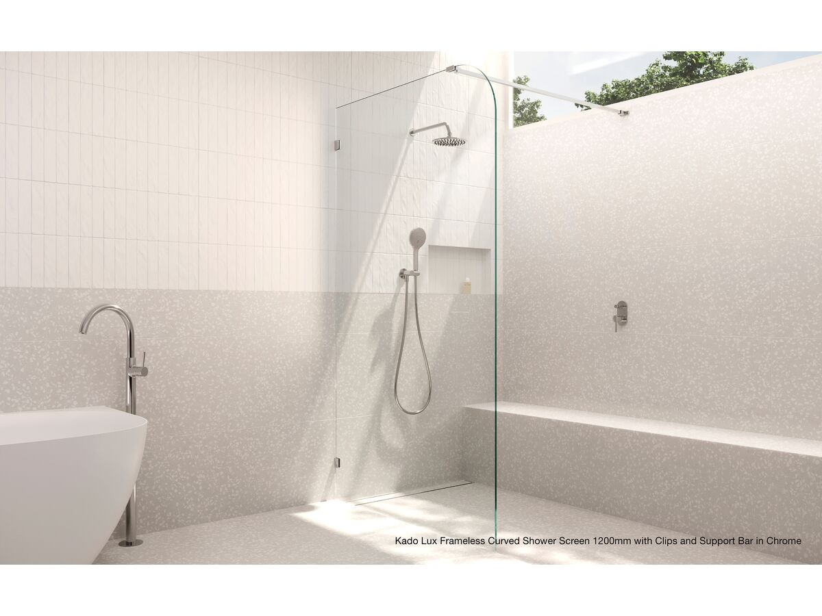 In Situ - Kado Lux Frameless Curved Shower Screen 1200mm with Clips and Support Bar in Chrome