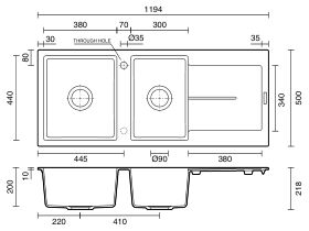 Memo Freya 1 3/4 Sink 1 Taphole Left Hand Bowl with Drainer Granite Black