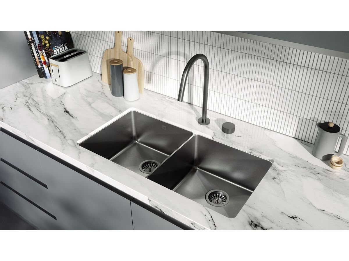 Memo Zenna Double Bowl Sink Stainless Steel Nanoplated Gunmetal from Reece