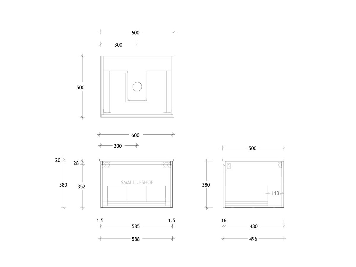 Technical Drawing - Posh Domaine All Drawer 600mm Wall Hung Vanity Centre Basin 20mm Top