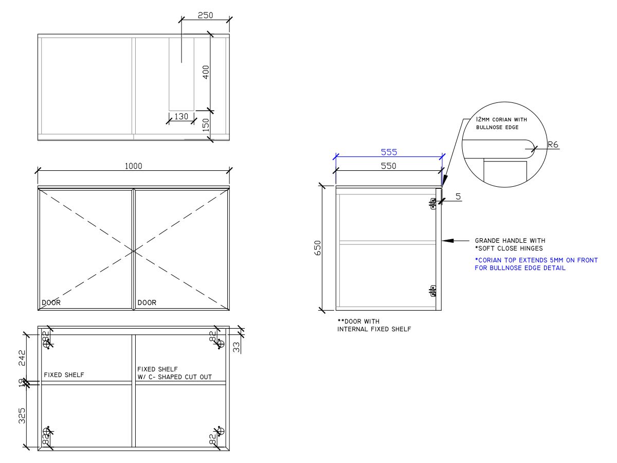 ISSY Adorn Undermount Wall Hung Vanity Unit with Two Doors & Internal Shelf with Grande Handle 1000mm x 550mm x 650mm OFFSET RIGHT (OPENS BOTH SIDES)