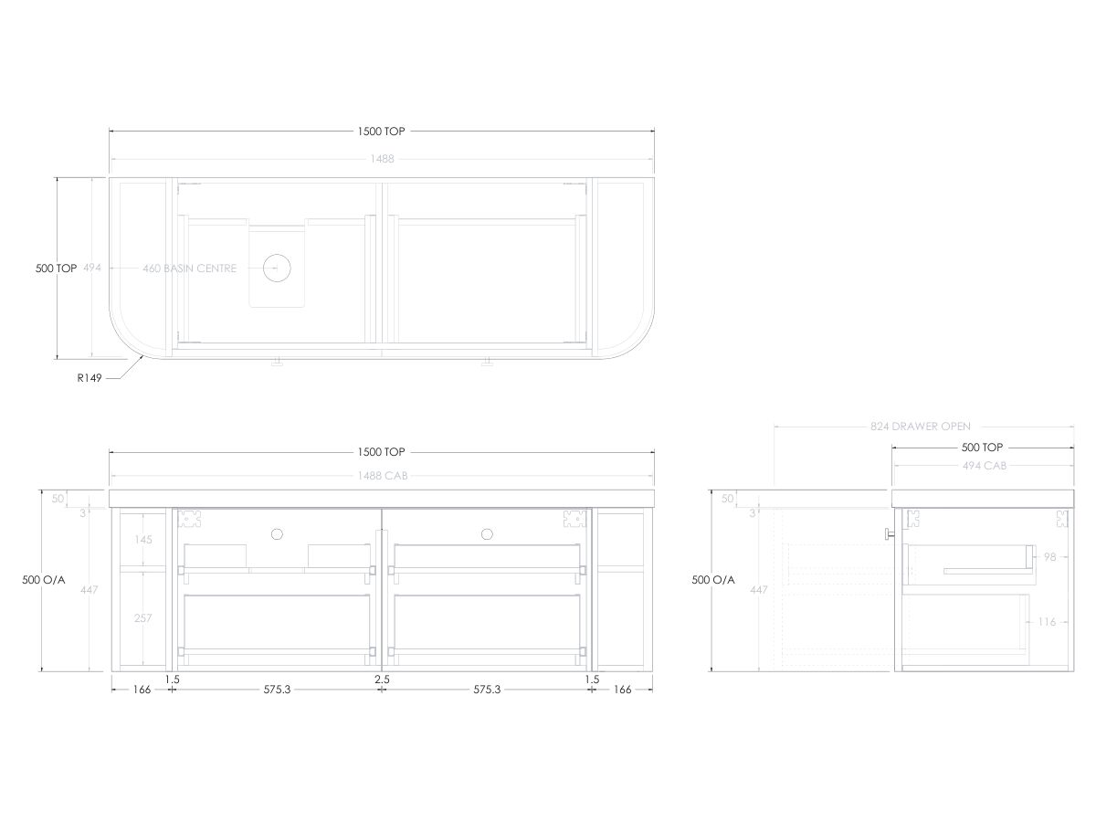 Kado Era 50mm Durasein Statement Top Double Curve All Drawer 1500mm Wall Hung Vanity with Left Hand Basin