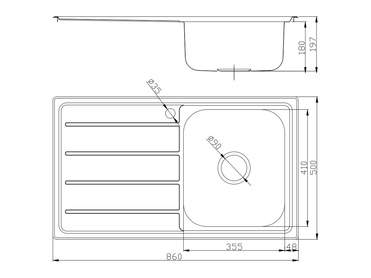 Posh Solus MK3 Single Bowl Inset Sink, 1 Taphole, Right Hand Bowl