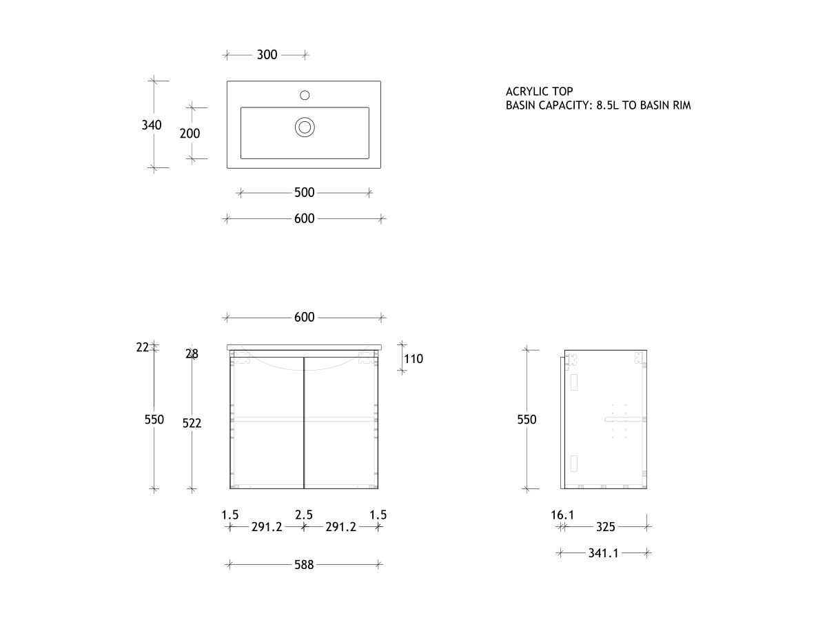 Posh Domaine 600mm Ensuite Wall Hung Vanity Unit Acrylic Top from Reece