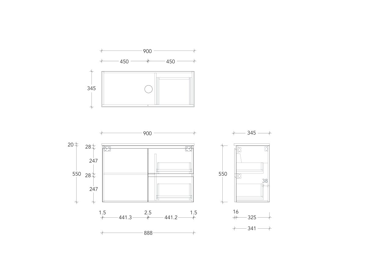 Technical Drawing - Posh Domaine Ensuite 900mm Wall Hung Vanity Centre Basin 20mm Top