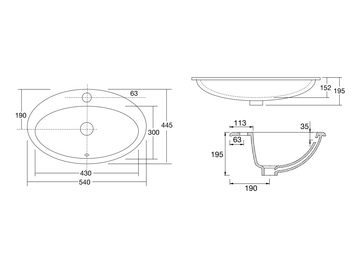 Base Vanity Basin with Front Overflow 1 Taphole 540 x 445mm White from