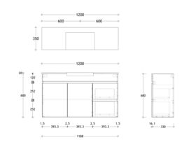 Technical Drawing - Posh Domaine Semi-Recessed 1200mm Wall Hung Vanity Centre Basin 20mm Top