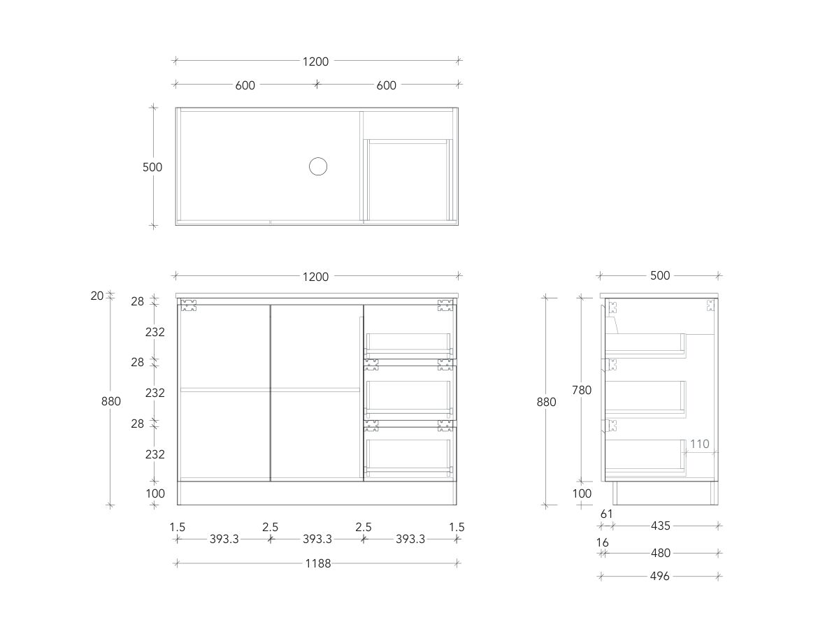 Technical Drawing - Posh Domaine Conventional 1200mm Floor Mounted Vanity Centre Basin 20mm Top