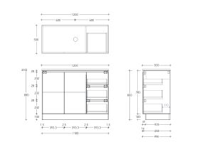 Technical Drawing - Posh Domaine Conventional 1200mm Floor Mounted Vanity Centre Basin 20mm Top