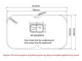 Cut Out Template - AFA Flow Single Bowl Undermount/Inset Sink Right Hand Bowl 1 Taphole 838 x 490mm Stainless Steel